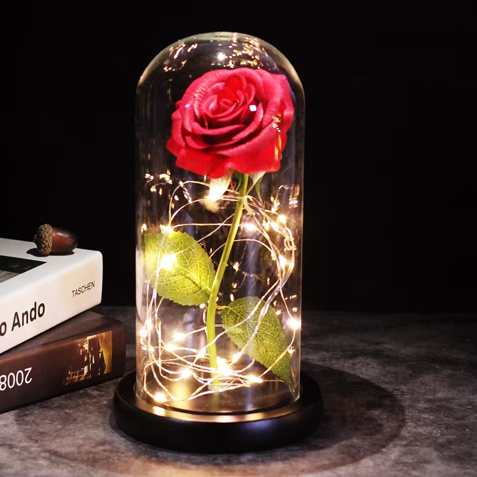 LED Enchanted Galaxy Rose Eternal 24K Gold Foil Flower with Fairy String Lights in Dome for Christmas Valentine'S Day Gift 2023